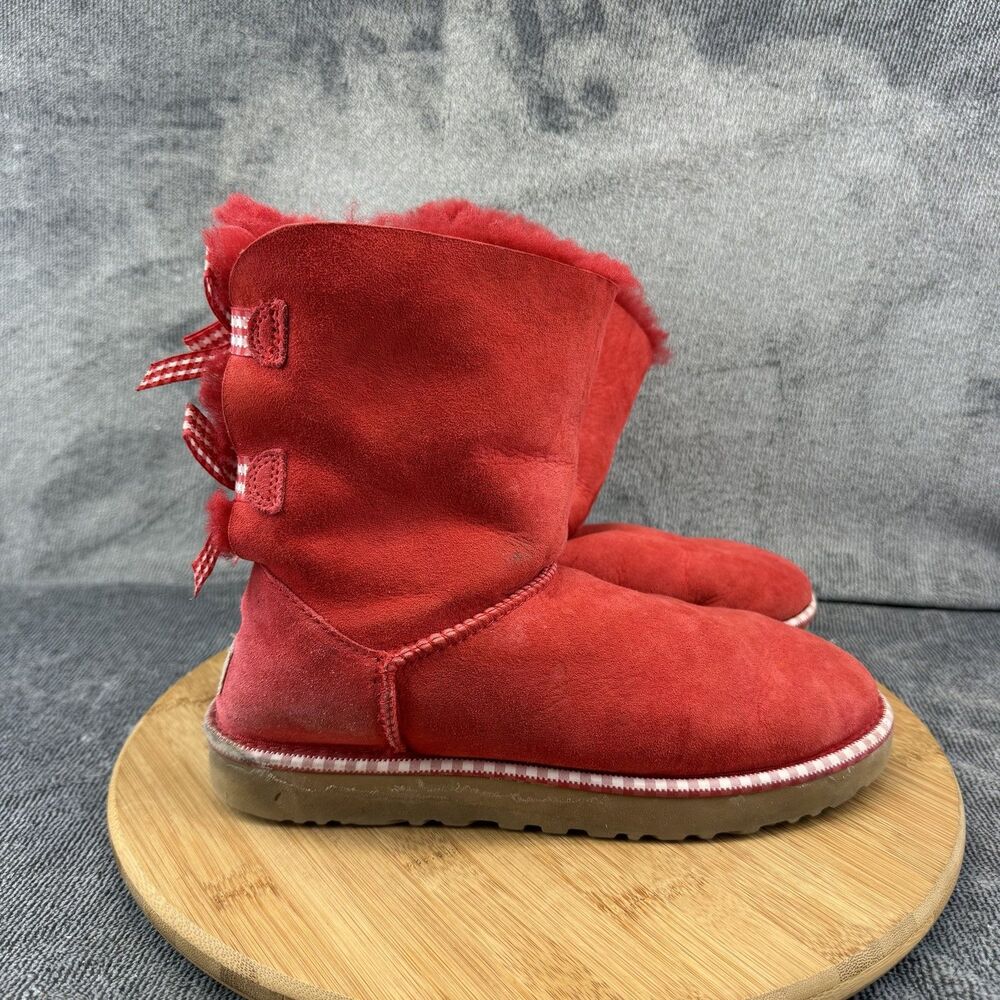 UGG Boots Womens Size 7 Red Suede Shearling Bow Mid Calf Winter Snow 1101669